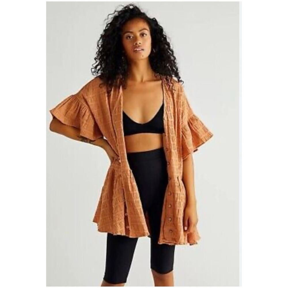 Free People Women’s Sz L Orange Oversized Tunic Dress Smocked Ruffle Keylani